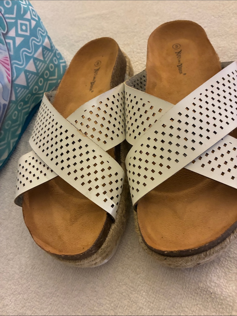 NWOT Nature Breeze White Perforated Cross-Strap Sandals w/Cork Sole & woven base - Picture 2 of 6